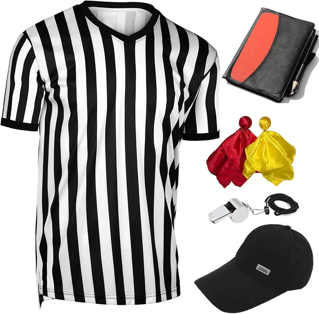 6 Pieces Men's Official Referee Costume Set, Official Umpire Jersey Collar V-Neck Referee Shirt Referee Cards Hat Whistle with Lanyard Penalty Flag, Referee Necessities for Basketball Football Soccer (X-Large)