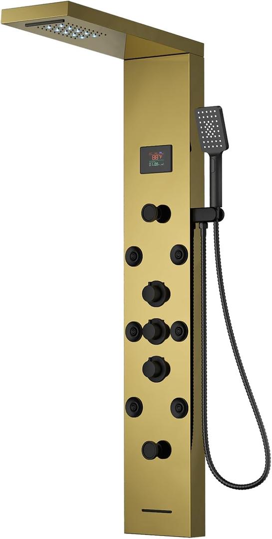 Shower Panel Tower System Stainless Steel LED Rainfall Waterfall Shower Head 5-Function Faucet Rain Massage System Wall Mount with 8 Body Jets, Handheld, and Tub Spout, Gold