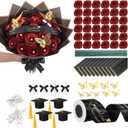 68 Pcs Graduation Glitter Roses Bouquet Set Include Glitter Rose Wrapping Paper Ribbon Butterfly Gem Pins Scroll Mini Grad Cap for Grad Party DIY Flower Money Bouquet Gifts(Red, Black)