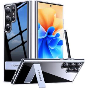 TORRAS for Samsung Galaxy S23 Ultra Case Clear with Kickstand Never Yellowing, [3-Way Built-in Kickstand] [10FT MIL-Grade Shockproof] Slim Clear Case for Samsung S23 Phone Ultra Case, Diamond Clear