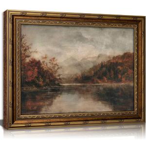 Vintage Gold Framed Canvas Wall Art Autumn Fall Natural Lake Panoramic Painting Picture Wall Decor Moody Countryside Poster Print Artwork for Bedroom Kitchen Living Room Home Decoration