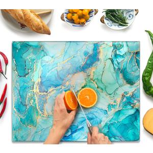 Glass Cutting Board 20”x16”: Tempered Glass Kitchen Counter Protector - Durable- Scratch-Resistant, Heat-Proof - Design 9 - Teal Ocean