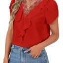 Vrtige Women's Elegant Lace V Neck Petal Short Sleeve Ruffle Work Chiffon Blouse Shirt Top Red X-Small (XS)