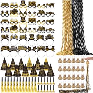 120 Pcs 2026 New Years Eve Party Supplies Set Serve 24 Guests Happy New Year Photo Props Cone Hat Blower Curled Squawker Sunglasses Beaded Necklace Headband Hand Throw Streamer Accessories