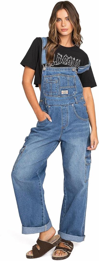 Lana Roux 90s Retro Dungaree Utility Denim Jumpsuit Jean Overalls (Cargo Medium Wash, X-Large)