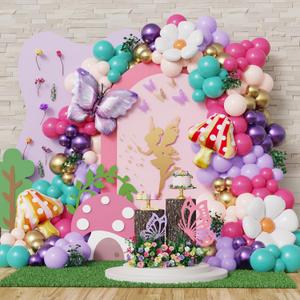 Spring Fairy Balloon Garland Arch Kit, 159pcs Pink Purple Rainbow Balloons with Daisy Butterfly Mushroom Foil Balloon for Girl Fairy Birthday Forest Wonderland Baby Shower Party Decoration