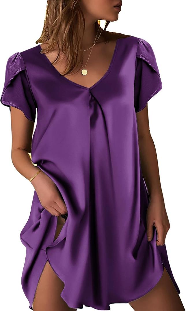 Ekouaer Women's Satin Nightgown Short Sleeve Sleepdress V-Neck Sleepwear Loose Silk Sleepshirt (Purple)