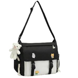 PRLINJSK Cute Messenger Bag for Teen Girls Women, Kawaii Crossbody Shoulder Purse with Pins and Stuffed Pendant Gift
