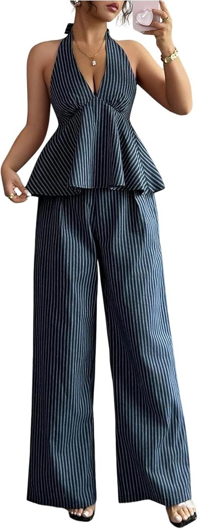SweatyRocks Women's 2 Piece Outfits Striped Open Back Halter Peplum Top with Pants Matching Sets Dark Blue Medium