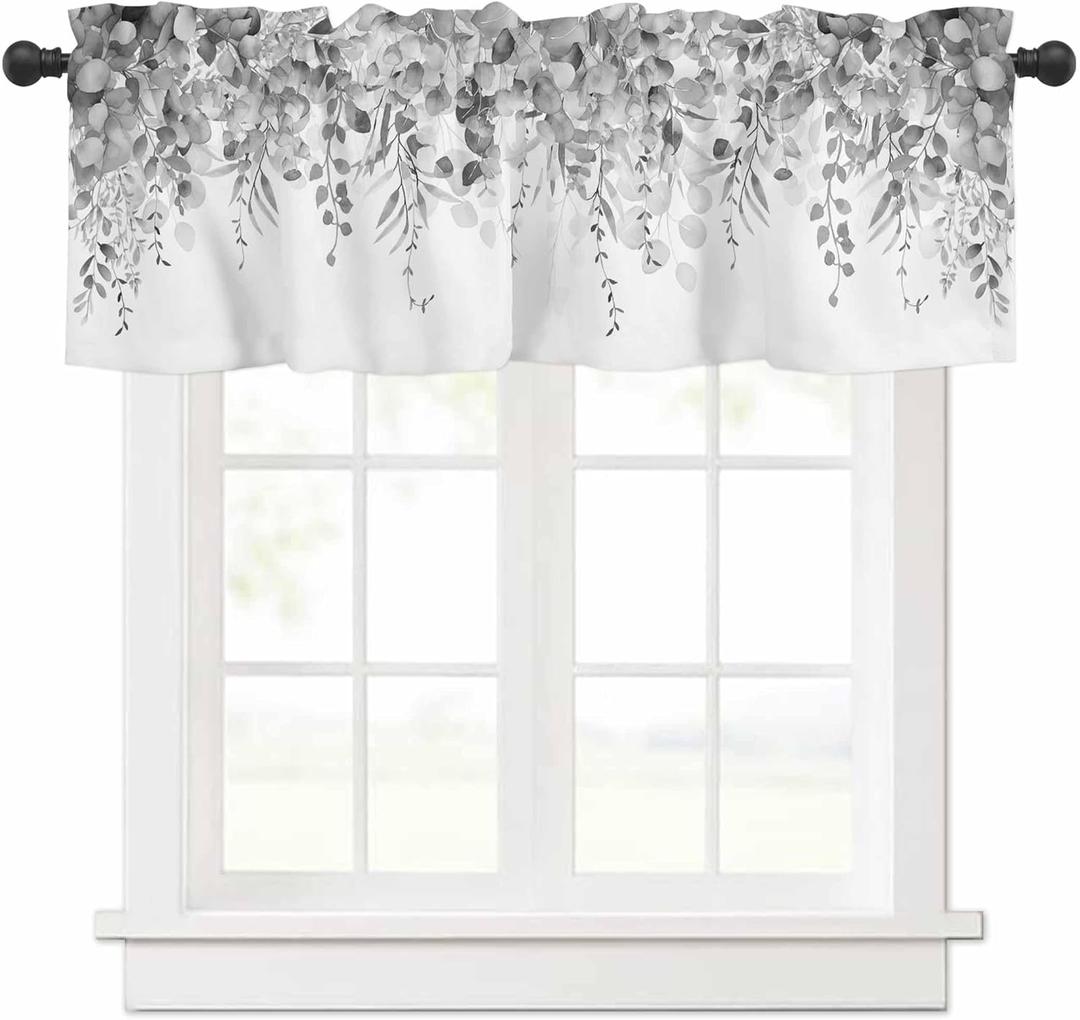 Curtain Valance for Windows Gray Eucalyptus Rod Pocket Valance Window Treatments 1 Panel Watercolor Leaves Short Curtains for Kitchen Windows Bathroom Bedroom 42x18in