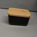 Butter Dish with Lid, Porcelain Keeper with Wood Lid Cover for Butter, Microwave Safe Easy Clean Butter Storage Container for Countertop and Refrigerator (Black 10oz)
