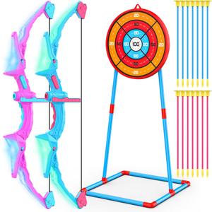 2 Pack of Kids Bow & Arrow Set, Light Up Archery Toy Set with 14 Suction Cup Arrows Standing Target, Perfect Indoor Outdoor Toys Birthday Gifts Ideas for Boys Girls, Medium (Pink Blue)