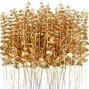 96 Pcs Gold Eucalyptus Stems Faux Greenery Leaves Bulk Artificial Eucalyptus Stems 15 inch with Gold branchs Decor for Wedding Bouquet Centerpiece Home Decoration