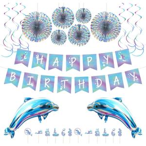 Dolphin Party Decorations Kit - Blue Ocean Theme Birthday Supplies with Balloons, Banner, Cupcake Toppers & Paper Fans for Kids and Adults
