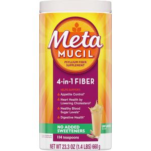 Metamucil, Unflavored Psyllium Husk Powder Fiber Supplement, Plain wih No Added Sweeteners, 4-in-1 Psyllium Husk Fiber Powder for Digestive Health, #1 Doctor Recommended Fiber Brand, 114 teaspoons