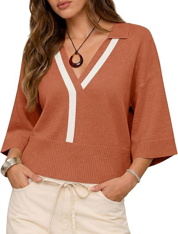 Saodimallsu Womens Short Sleeve Sweater Tops V Neck Collared Oversized Color Block Casual Summer Knit Polo Shirts XL
