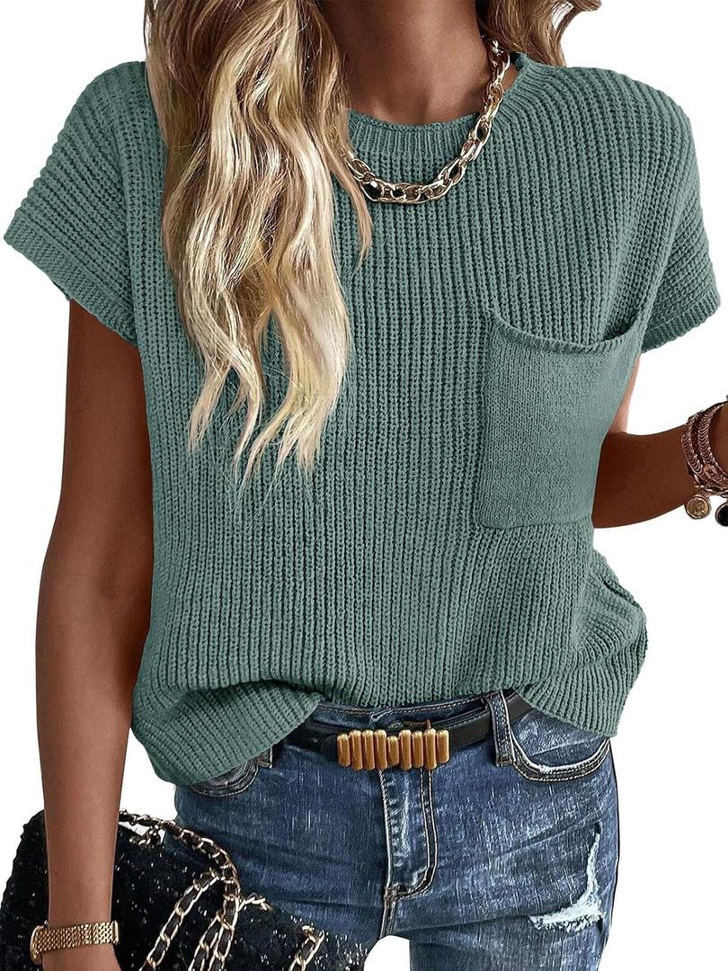 Imily Bela Summer Fall Short Sleeve Sweater for Women 2026 Crew Neck Ribbed Knit Vests Trendy Pullover Tops, M