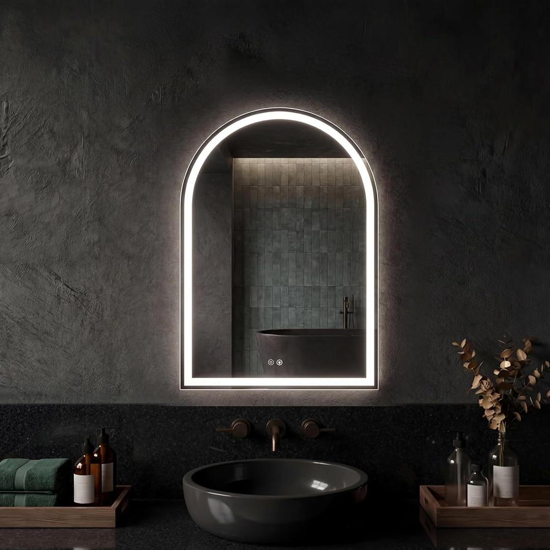 Sweetcrispy 20"28" LED Bathroom Mirror with Lights, Arched Vanity Mirror with Anti-Fog, Dimmable, 3-Color Light, Memory Function, Tempered Glass