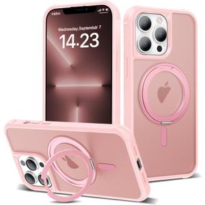for iPhone 13 Pro Case 6.1 Inches 360Rotatable Magnetic Ring Invisible Stand,[Compatible with Mag-Safe] Military Shockproof Frosted Translucent Case,Pink
