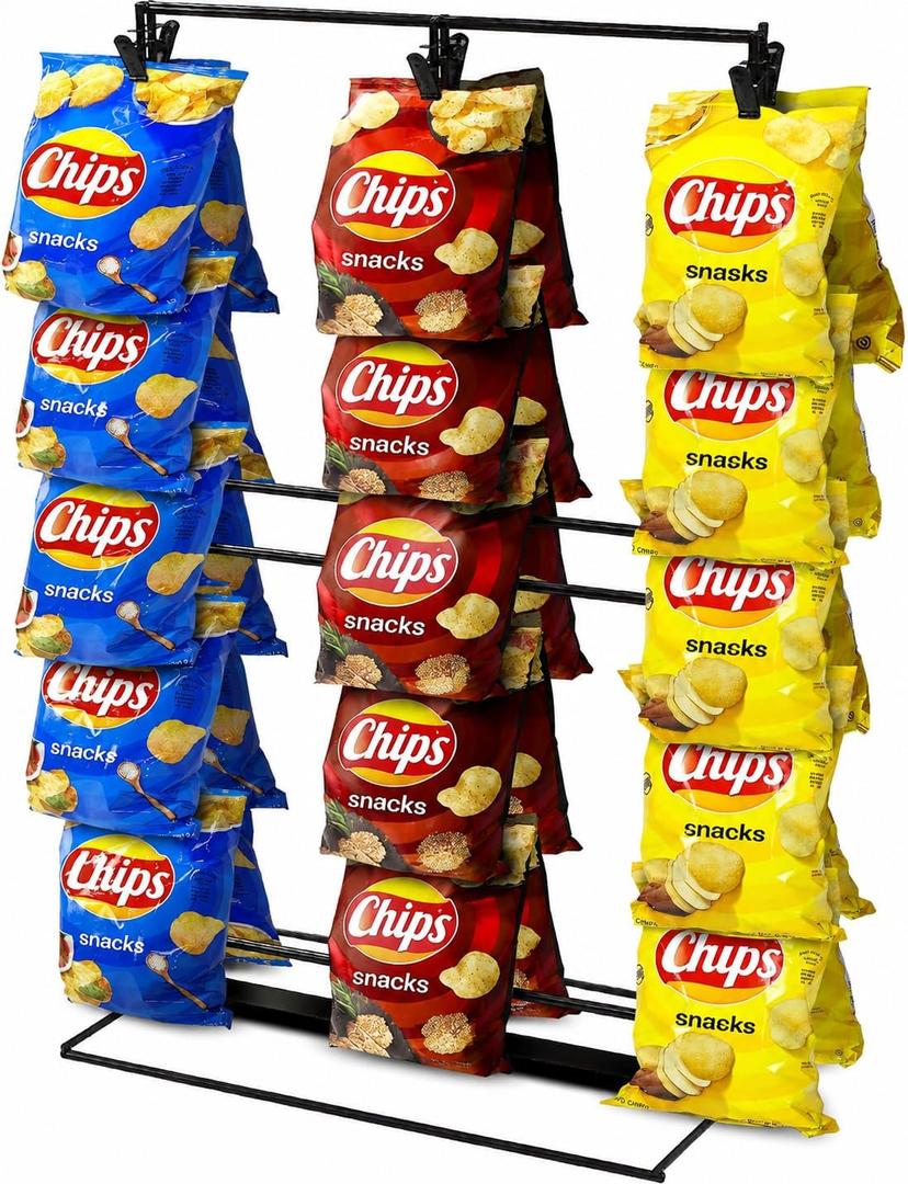 Chip Rack Display Stand, 3 Row 42 Clips Stand Display for Party
Chip Display Stand for Party, Black Retail Snack Display for Countertop, Store Concession Stand, Home Ofiice