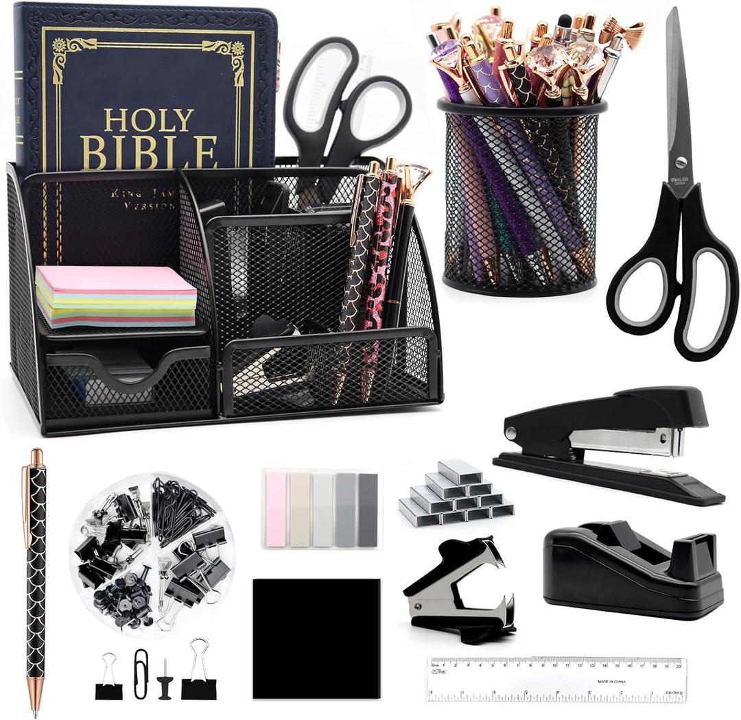 12-in-1 Desk Organizer Set - Black Office Accessories with Pen Holder, Tape Dispenser, Scissors, Ruler, Stapler, and Remover - Ideal for Home or School