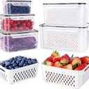 5 PCS Large Fruit Containers for Fridge - Leakproof Food Storage Containers with Removable Colander - Dishwasher & microwave safe Produce Containers Keep Fruits, Vegetables, Berry, Meat Fresh longer