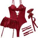 Lilosy Sexy Stocking Rhinestones Heart Garter Underwire Floral Mesh lace Sheer Babydoll Lingerie Teddy Bodysuit Skirt Set