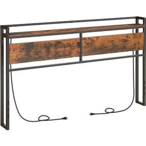 HOOBRO King Size Headboard, Headboard with 2 Outlets and 4 USB Ports, Adjustable Height, Storage Rack, Sturdy and Stable, Easy Assembly, Rustic Brown and Black