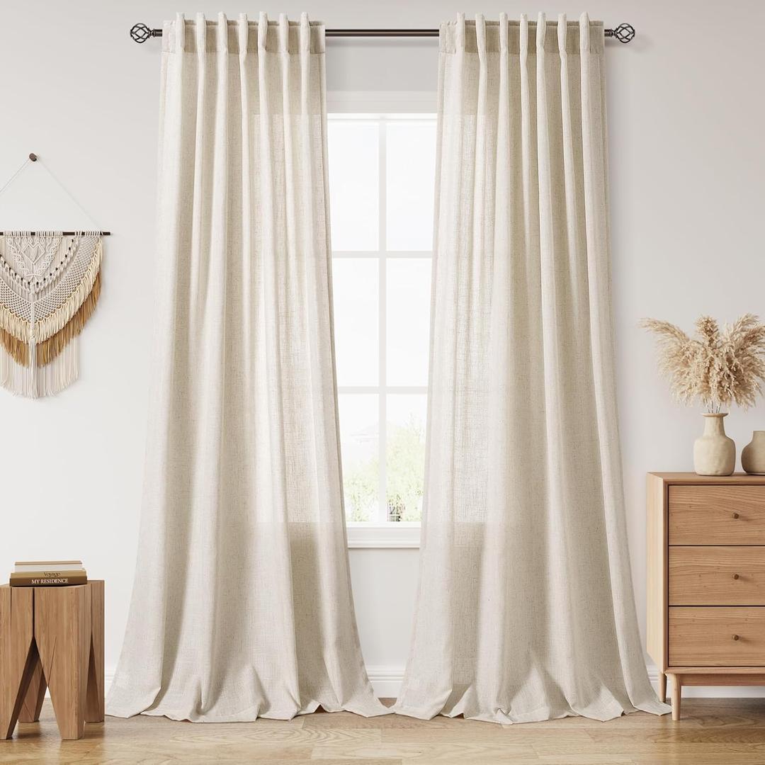 Boho Linen Curtains for Living Room 105 Inches Long Light Filtering Semi Sheer Curtain Back Tab Boho Eclectic Home Decor Elegant Luxury Farmhouse Drapes for Bedroom Dinner Room 52x105, 2 Panels