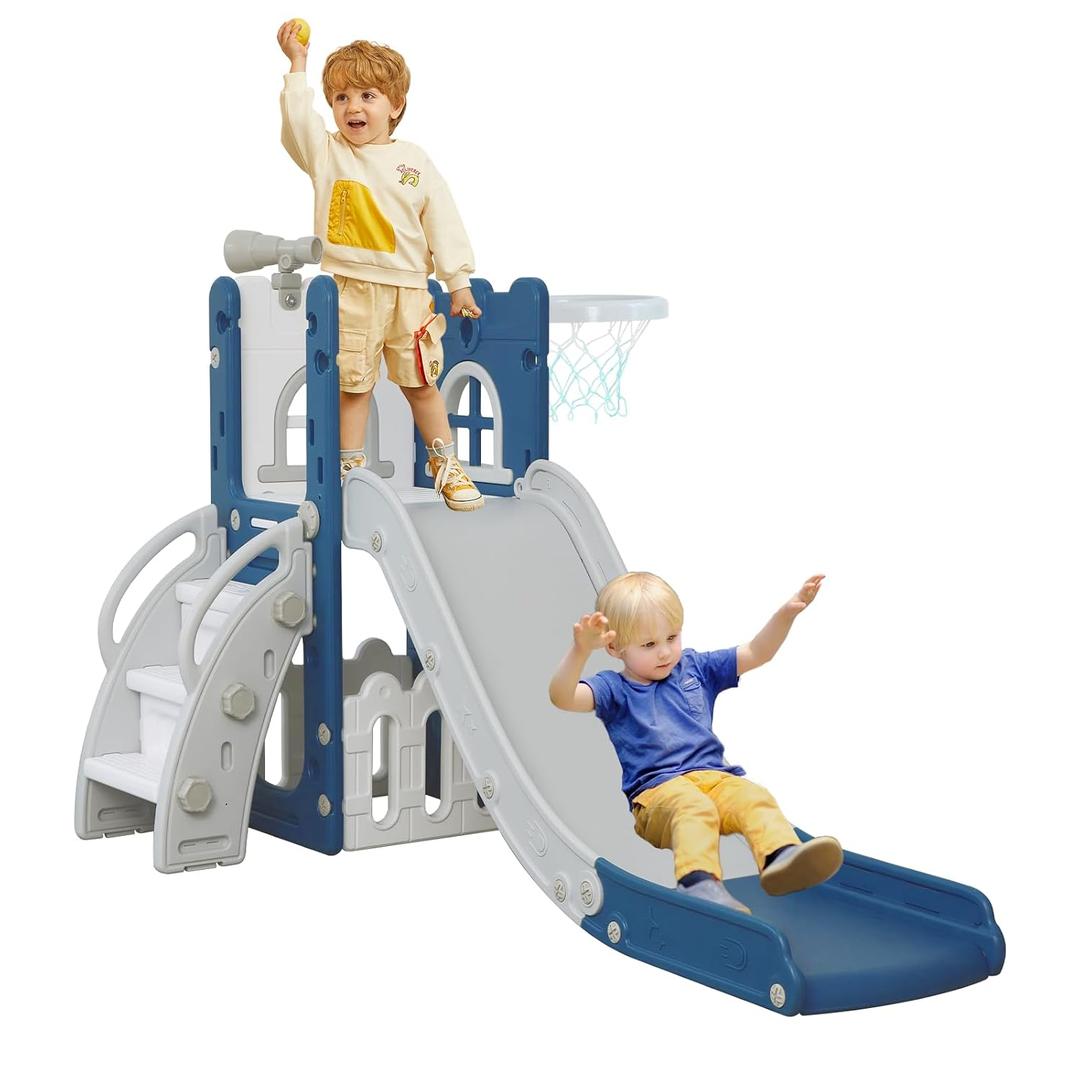 LulliSpace 6 in 1 Toddler Slide,Kids Climber Slider for Indoor Outdoor Playground with Basketball Hoop,Storage and Telescope,L Shaped Slide for Toddler Climber Playset