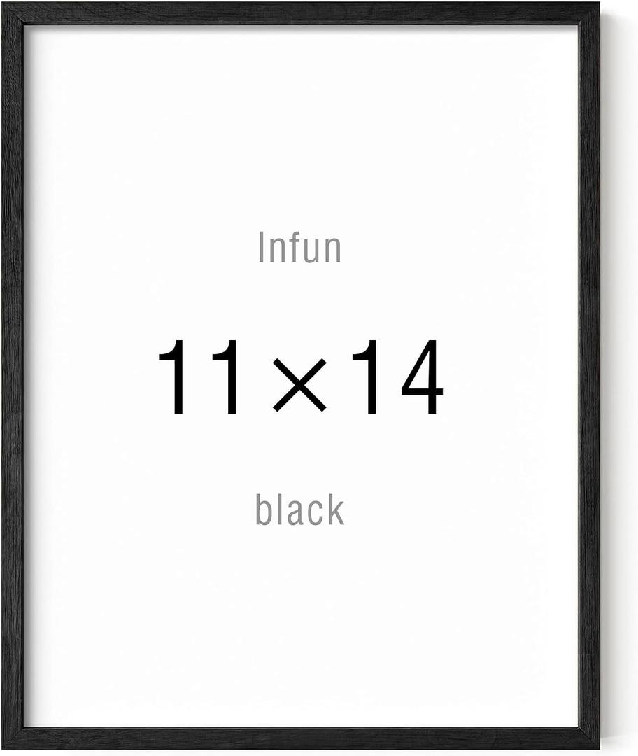 Infun 11x14 Black Picture Frame Solid Wood - Black Poster Frames with Clear Glass for Wall Hanging, Dual Hooks Horizontal or Vertical, Modern Photo Frame for Home Office Decor (11X14)