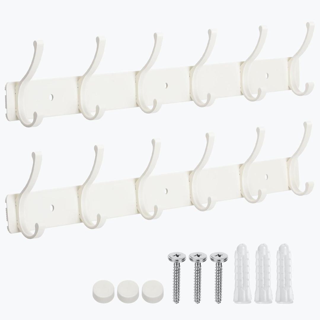 Coat Rack Wall Mount, 2 Pack Coat Hooks Hanger Wall Double Hook Rack Rail Towel Hat Rack Entryway Bathroom Hanger Organizer for Robes, Clothes, Bags, Hat(White)