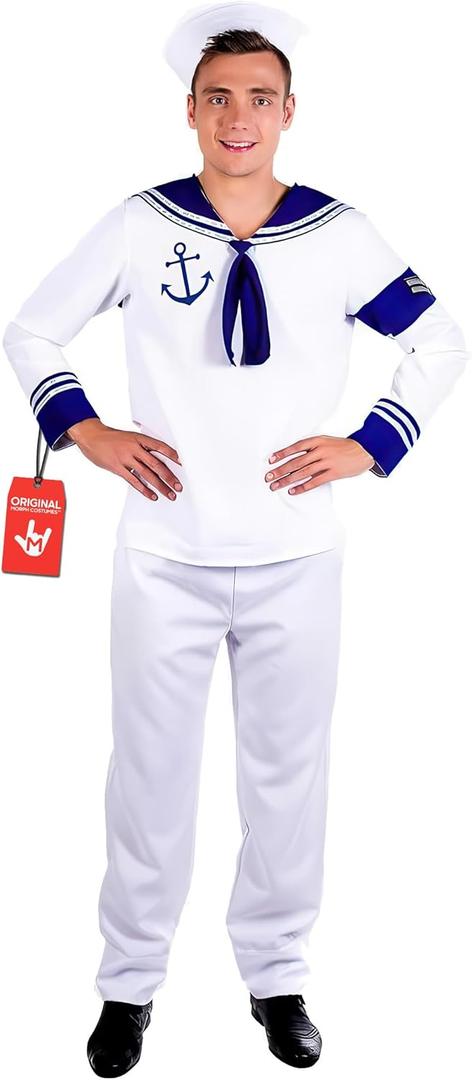fun shack Mens Sailor Costume, Adult Sailor Halloween Outfit, Nautical Costume for Men, Maritime Dress Up (Large, White)