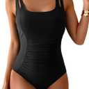 B2prity Women's One Piece Swimsuit Tummy Control Ruched Bathing Suit Double Straps Push Up Swim Suit Slimming Swimwear (Medium, Black)