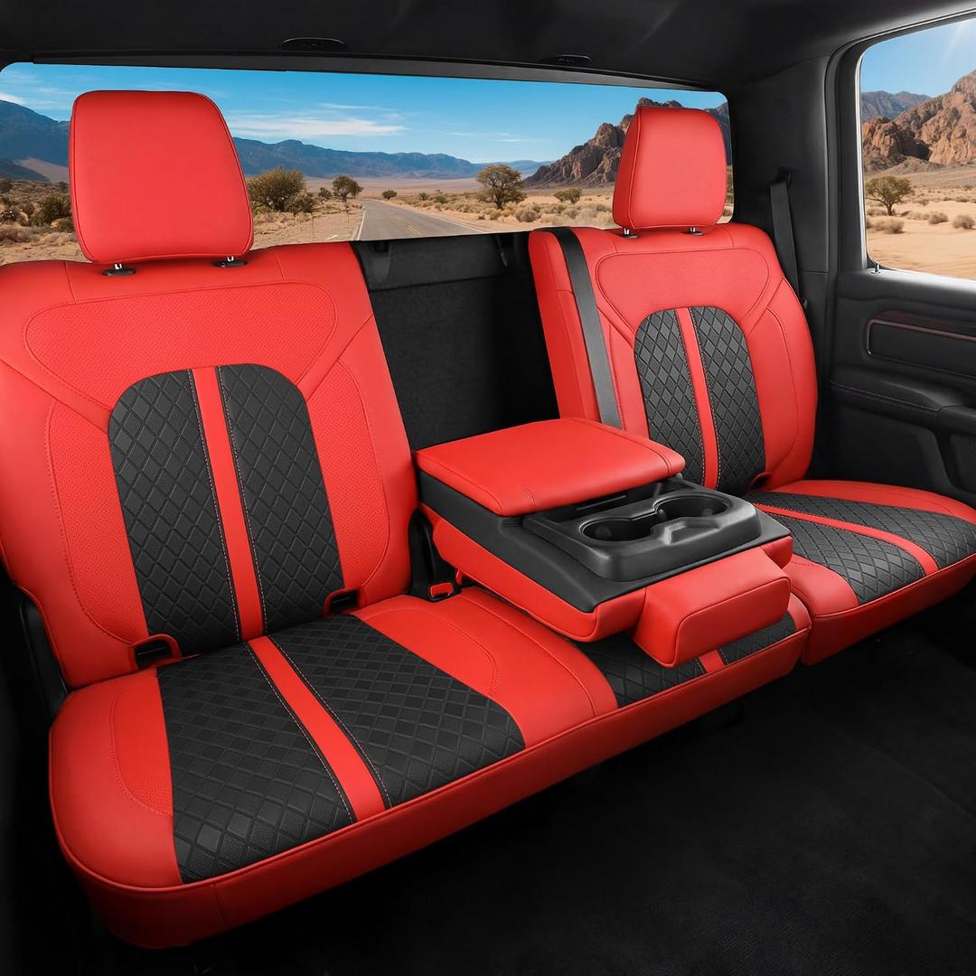 Leather Car Seat Covers for Dodge Ram 1500 4 Door 2019-2026 Crew Cab, Custom Fit Truck Seat Protectors Full Set, Red Black (Bucket Seat with Reclining Rear Seat)