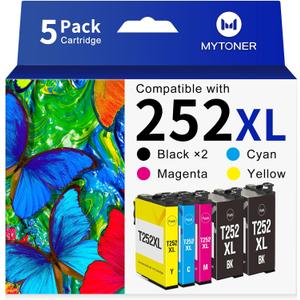 MYTONER Remanufactured Ink Cartridge Replacement for Epson 252XL Ink Cartridges for Workforce WF-3640 WF-3630 WF-3620 WF-7620 WF-7710 WF-7720 Printer 252 Ink (Black Cyan Magenta Yellow,5-Pack)