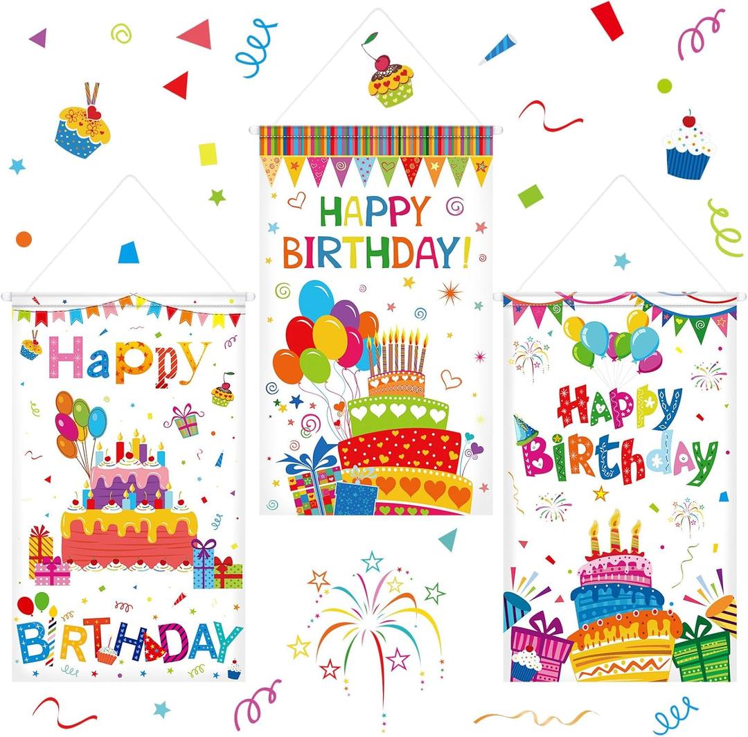 Tegeme 3 Pcs Happy Birthday Banner Door Sign Decor Colorful Happy Birthday Party Door Hanging Decorations Porch Wall Hanging Banner Party Supplies for Kids Girls Boys(Classic,White)