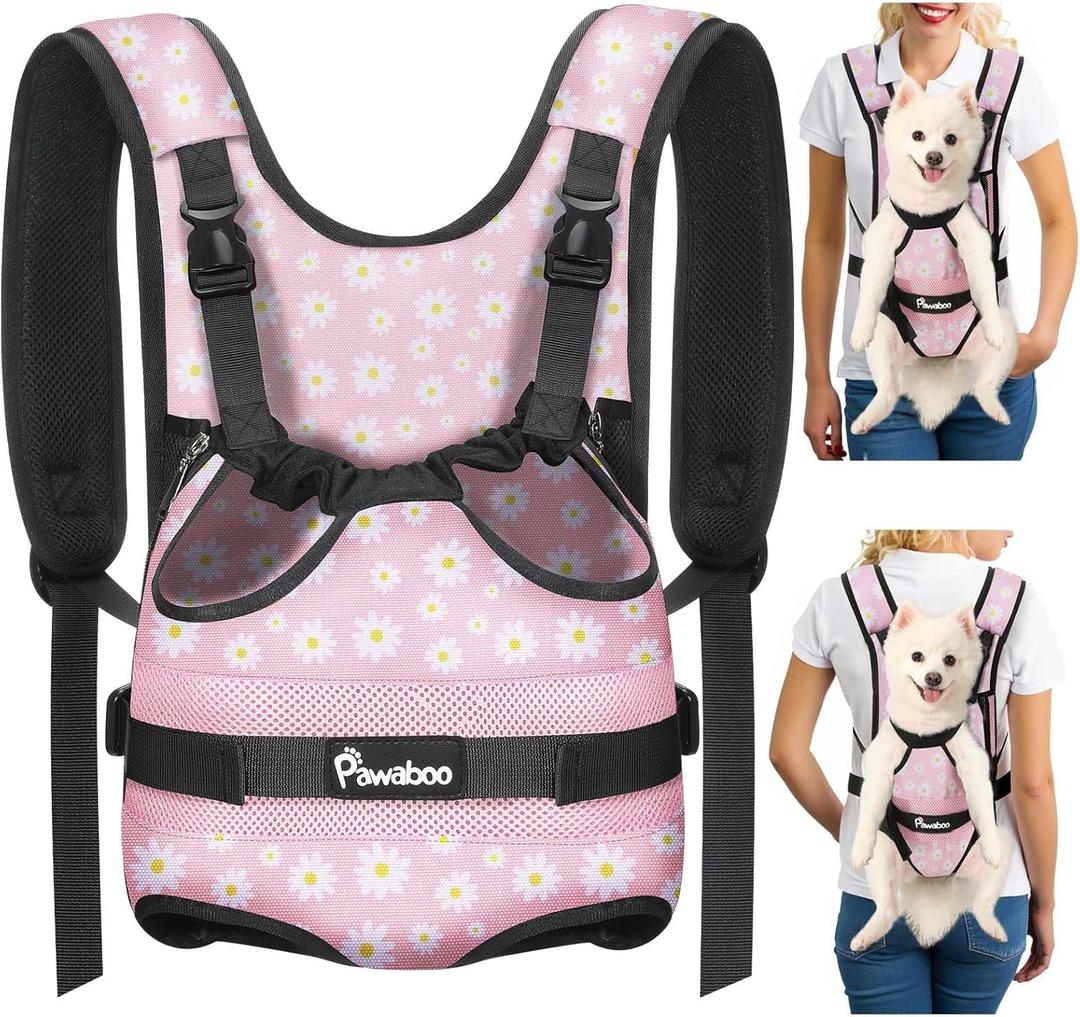 Pawaboo Pet Dog Front Carrier Backpacks, Legs Out Pet Carrier Backpack, Adjustable Easy-fit Dog Chest Carriers for Small Medium Dogs Hands Free for Travel Hiking Cycling Camping, L, Pink Daisy