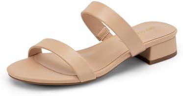 DREAM PAIRS Women's Slides Heels Slip On Low Block Sandals Two Strap Open Round Toe Chunky Casual Summer Mules Shoes Size 8