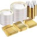 bUCLA 600PCS Clear Plates with Gold Trim - Clear Gold Dinnerware Set Disposable Include 100 Dinner/100 Dessert Plates, 100 Knives, 100 Forks, 100 Spoons, 100 Cups for Wedding, Party