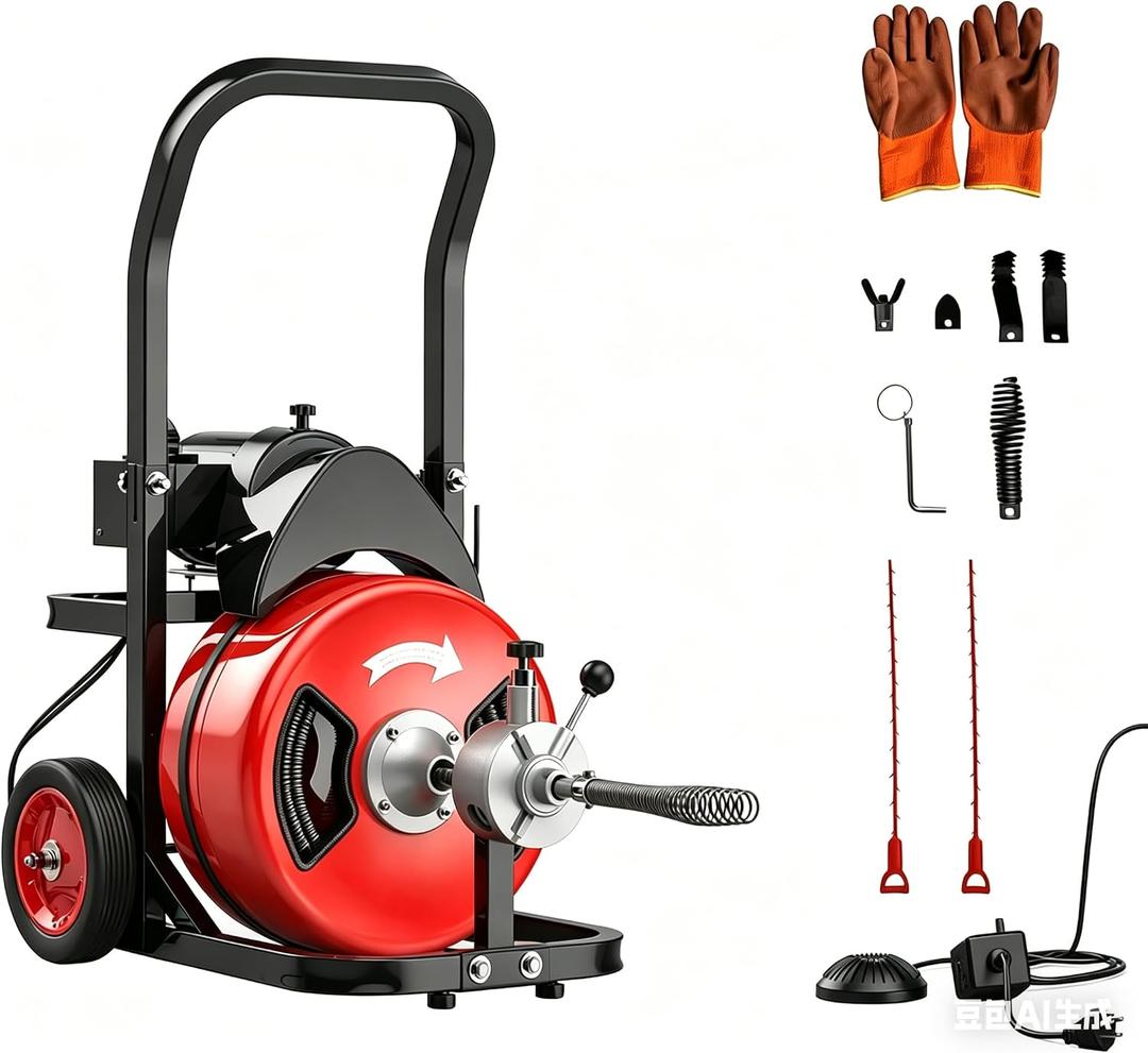 Garvee 100Ft 3/4 Inch Drain Cleaning Machine. Sewer Snake 750w Auto Feed