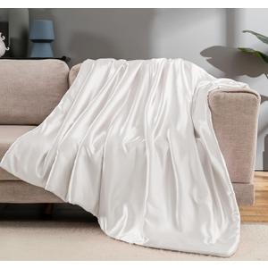 Vonty Satin Throw Blanket Ivory White Satin Blankets 90x90 Inches with Small Flowers, Cooling & Silky, Wrinkle-Free Cable Knit Big Size for Couch, Sofa, Bed, Outdoor