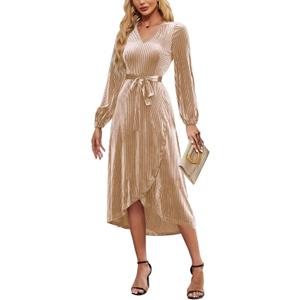 Women's Velvet V Neck Puff Sleeve Dress for Wedding Guest Cocktail Elegant Bodycon Party Midi Dress (X-Large, Champagne)
