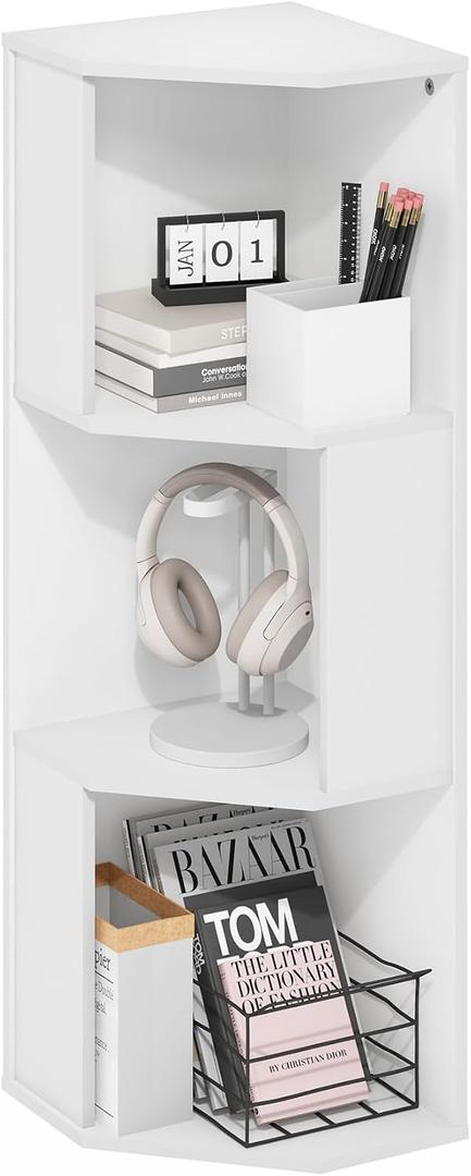 Furinno ECON Corner Shelf, 3-Tier Corner Book Shelf, Standing Storage Shelves, Cube Display Rack, Bookshelf, for Organization and Storage, Living Room, Home Office, Plain White, 3-Tier Corner, 11.7 x 11.7 x 36.6
