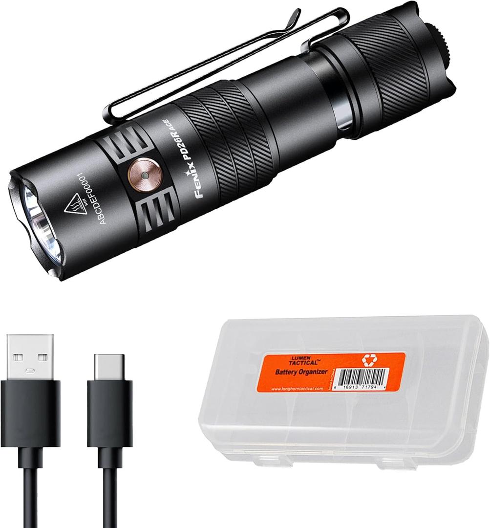 Fenix PD26R ACE 1300 Lumen Rechargeable EDC Flashlight with 3 Mode Sets USB-C Compact LED Dual Switch Waterproof for Everyday Carry Tactical Duty Camping Outdoor Use with Lumentac Organizer