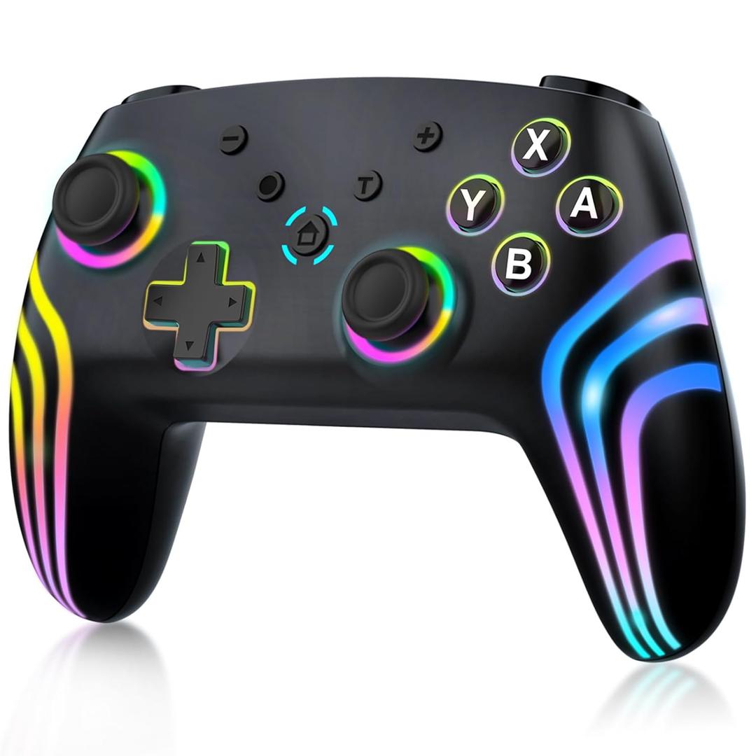 MYSTILUCK Wireless Pro Controller for Switch/Switch 2/Lite/OLED/PC, Gamepad with 7 Color-Changing RGB Lighting/Dual Vibration/6-Axis Gyroscope/Turbo, Ergonomically Designed Precise Joystick