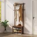 Coat Rack with Shoe Storage, Narrow Wooden Hall Tree with Bench, 11 Hooks and 2-Tier Storage Shelves, 3-in-1, Entryway Bench with Coat Rack