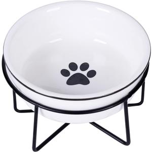 GDCZ Ceramics Raised Cat Small Dog Bowls with Heighten Metal Stand for Pet Food, 15 Ounces (White)