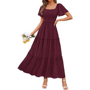 PRETTYGARDEN Summer Dresses for Women 2026 Boho Swiss Dot Smocked Square Neck Short Sleeve Spring Wedding Guest Maxi Dress (Wine Red, Large)