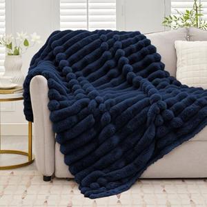 Tejoe Cozy Soft Faux Fur Throw Blanket, Warm Thick Fluffy Blanket - 800GSM, Fuzzy & Plush Striped Fur Throw for Couch & Bed Home Decor, 50"x60", Navy Blue